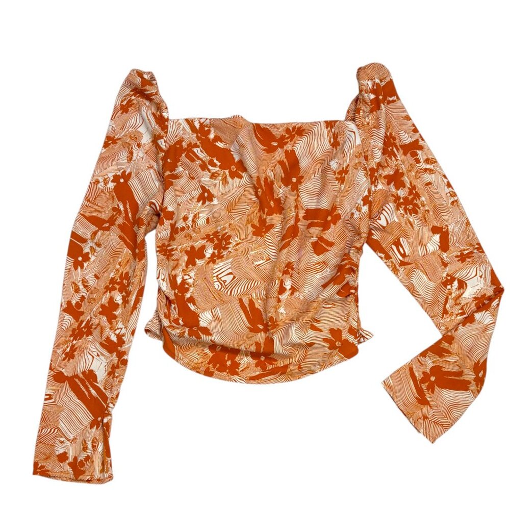 NORDSTROM OPEN EDIT Orange Floral Off Shoulder Smocked Square Neck Top Small‎ - Picture 9 of 9
